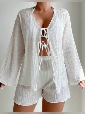 Women’s White Textured Tie-Front Swim Coverup Two Piece Set, Large Shein